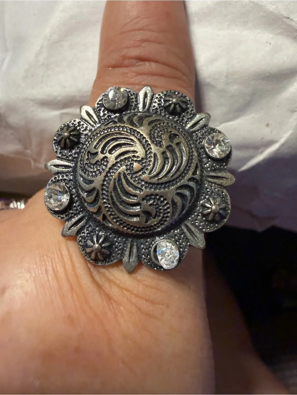 Vintage-Inspired Silver Floral Statement Ring with Clear Stones